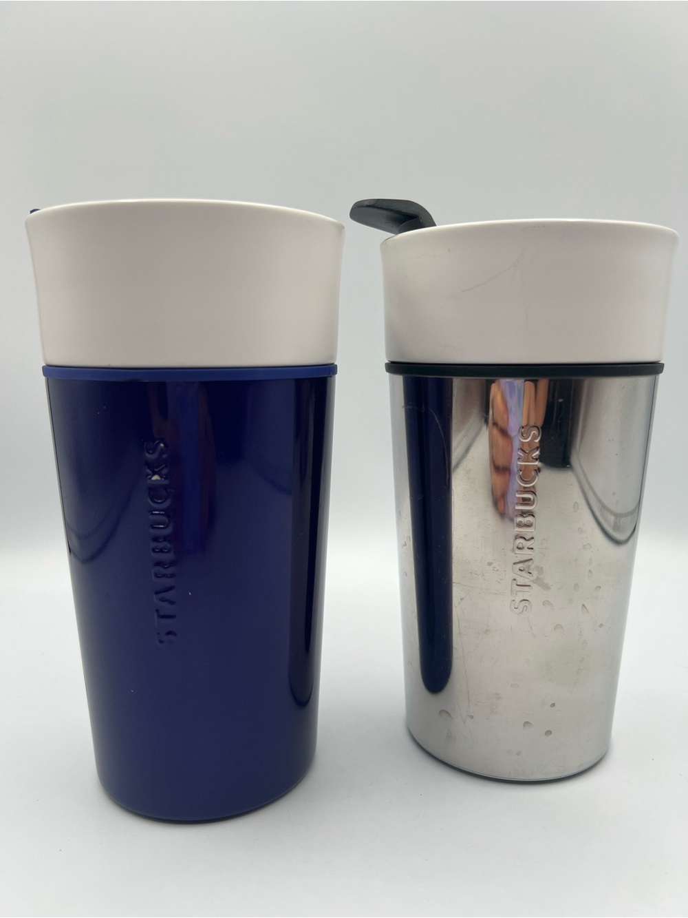 Starbucks blue and chrome ceramic steel travel tumblers with lids